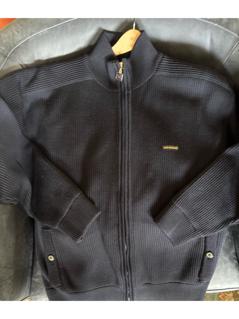 Paul & Shark ribbed-knit zip-up cardigan dark blue wool, high neck.